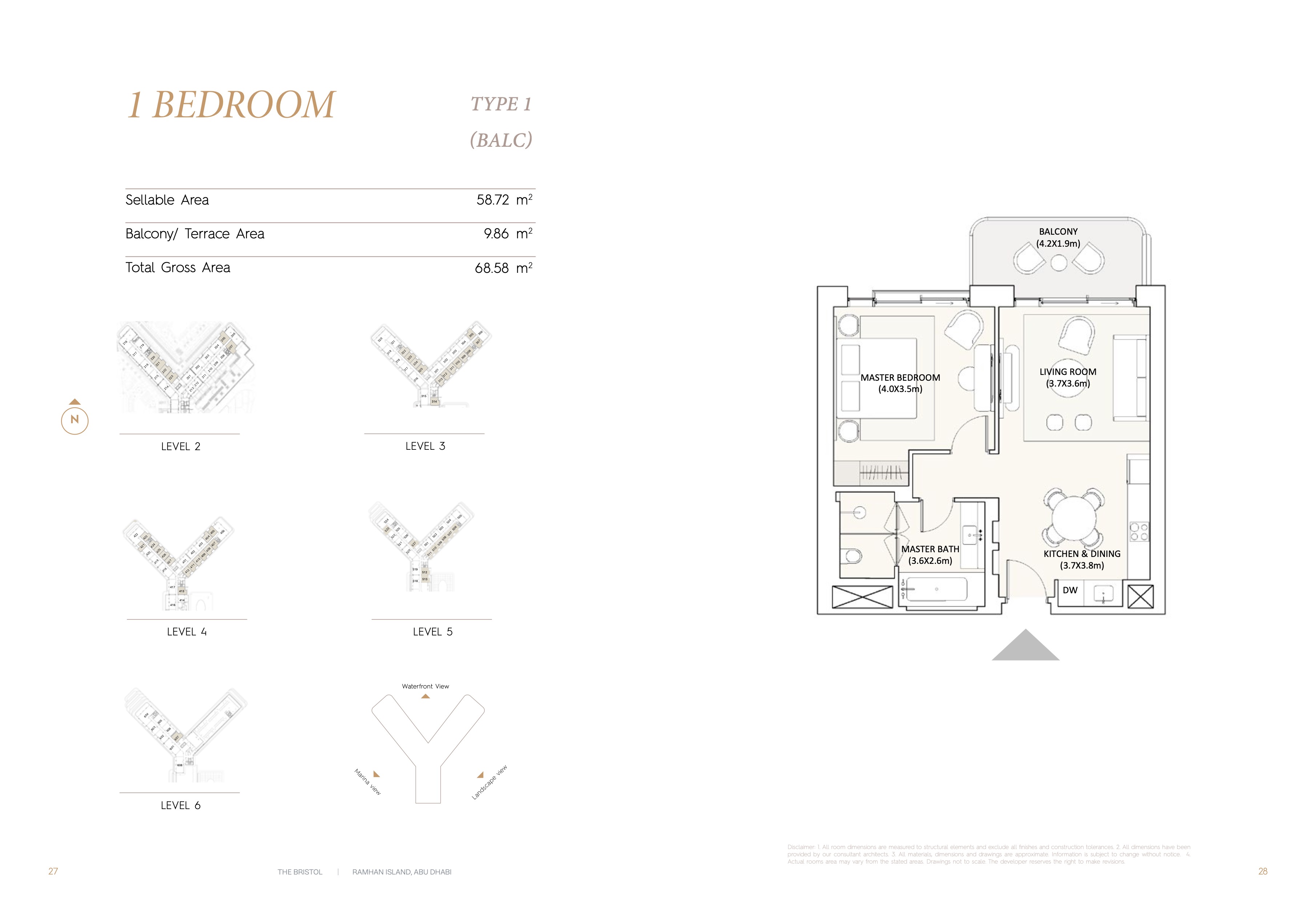 One Bedroom floor plan at The Bristol Residences, Ramhan Island