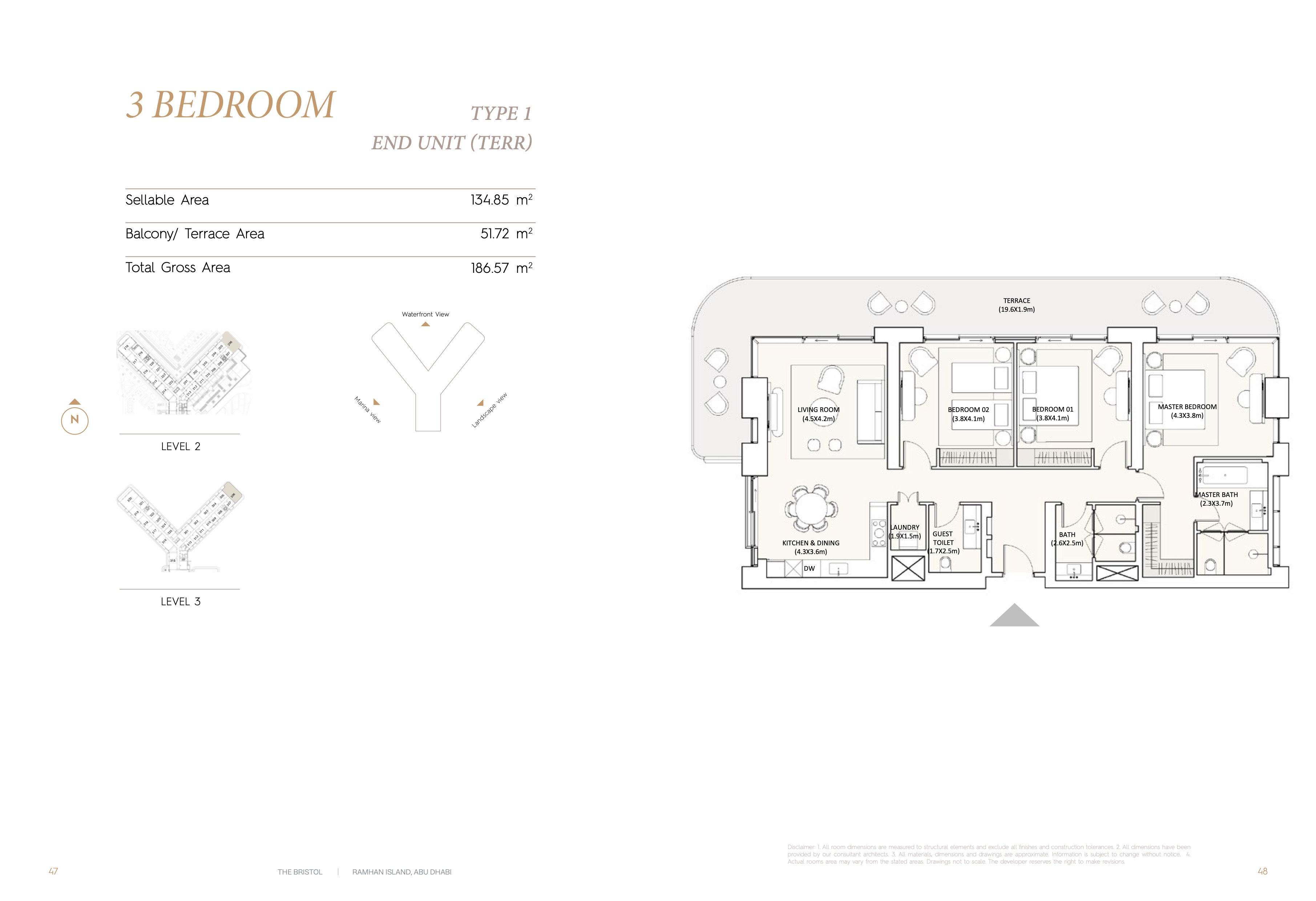 Three Bedroom floor plan at The Bristol Residences, Ramhan Island