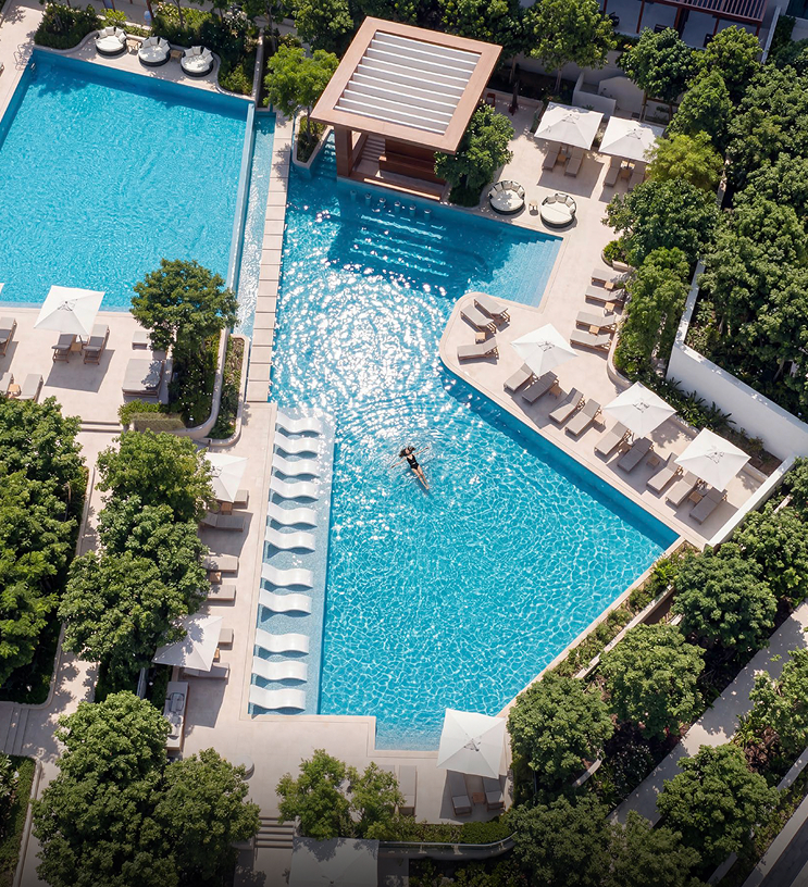 Aerial view of the pool terrace at The Bristol Residences, Ramhan Island