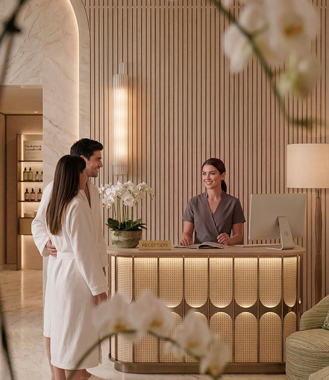 A residence lounge with warm natural materials at The Bristol Residences