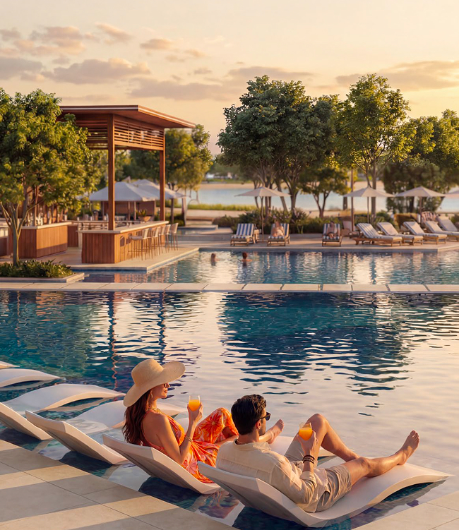 Residents at the pool terrace at sunset, The Bristol Residences