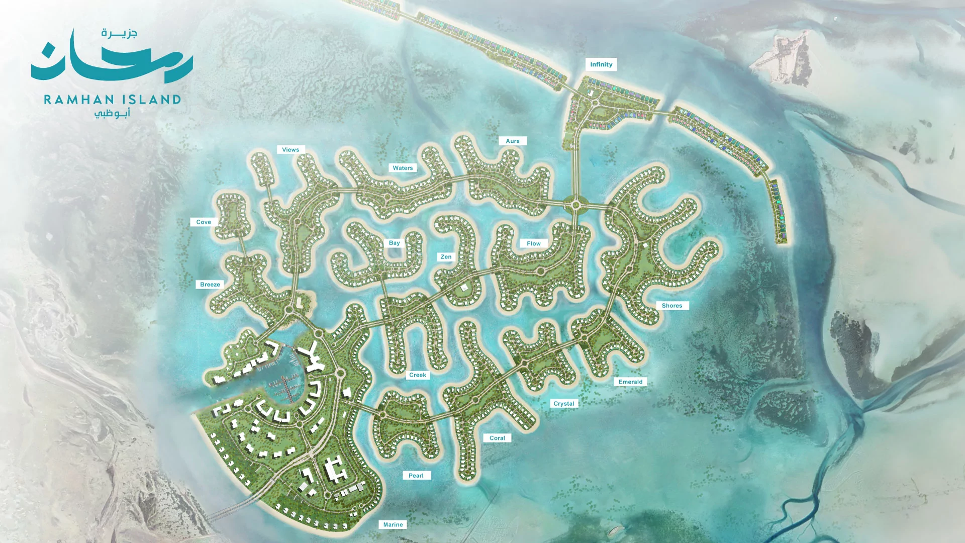 Labelled masterplan of Ramhan Island's Zen and Flow clusters