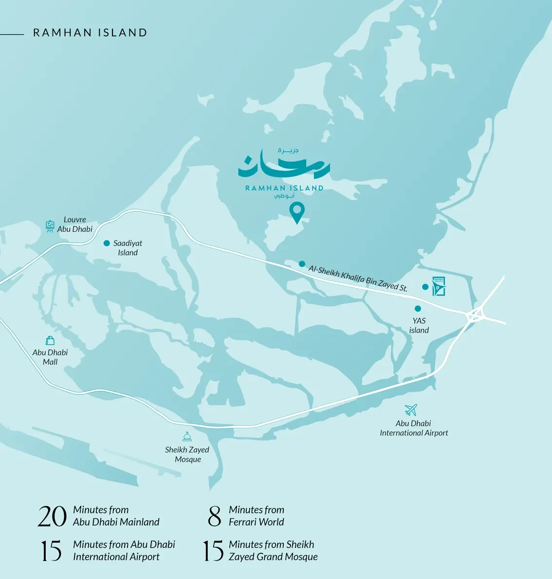 Map showing Ramhan Island's connectivity to Abu Dhabi's key destinations