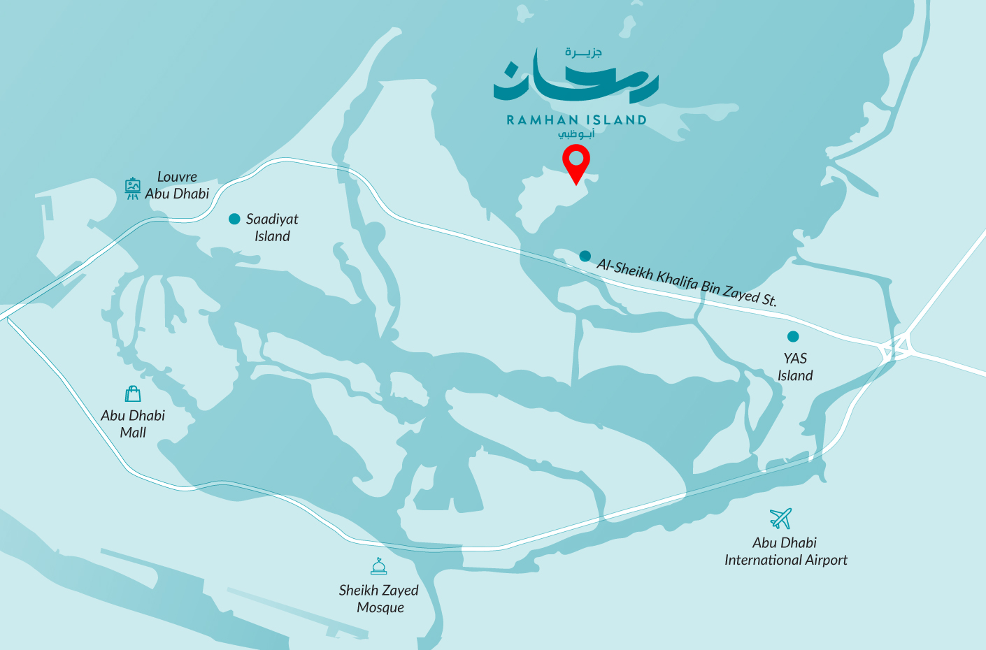 Map showing Ramhan Island's location relative to Saadiyat Island, Yas Island, Abu Dhabi International Airport and Sheikh Zayed Grand Mosque