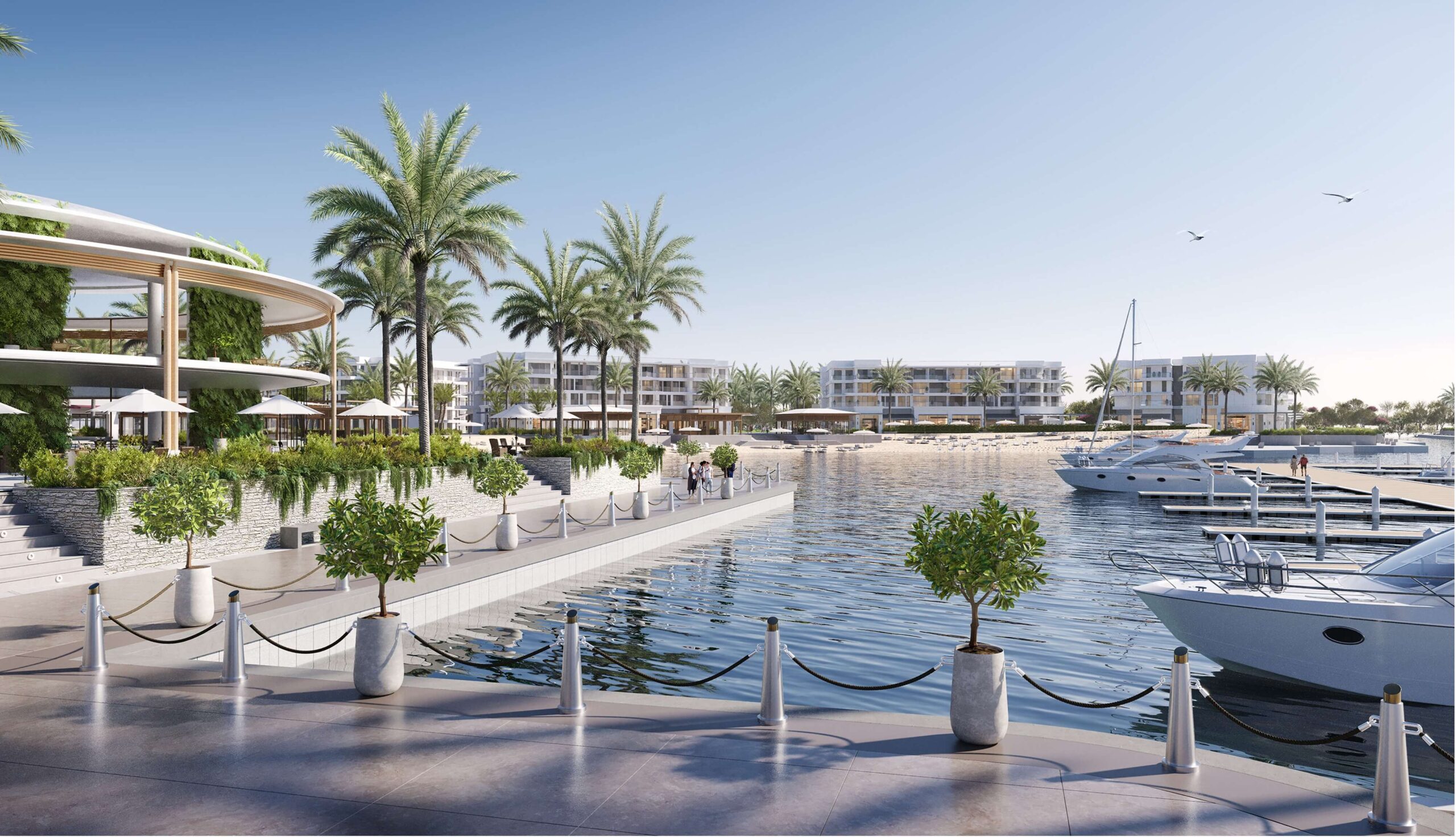 Waterfront walkway and marina at Ramhan Island