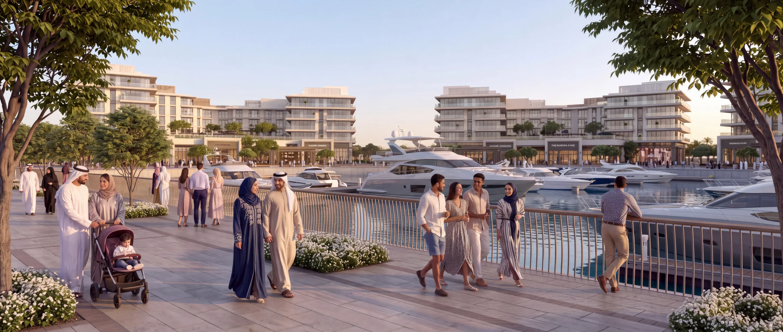 Residents walking along the waterfront promenade at Ramhan Marina