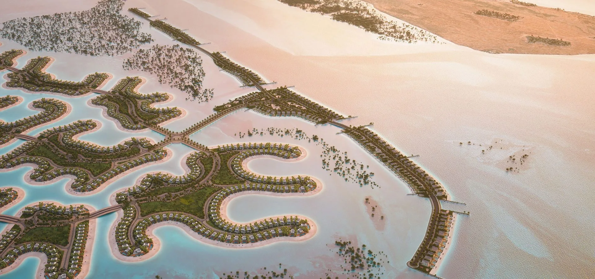 Golden-hour aerial view of Ramhan Island's causeway to the mainland
