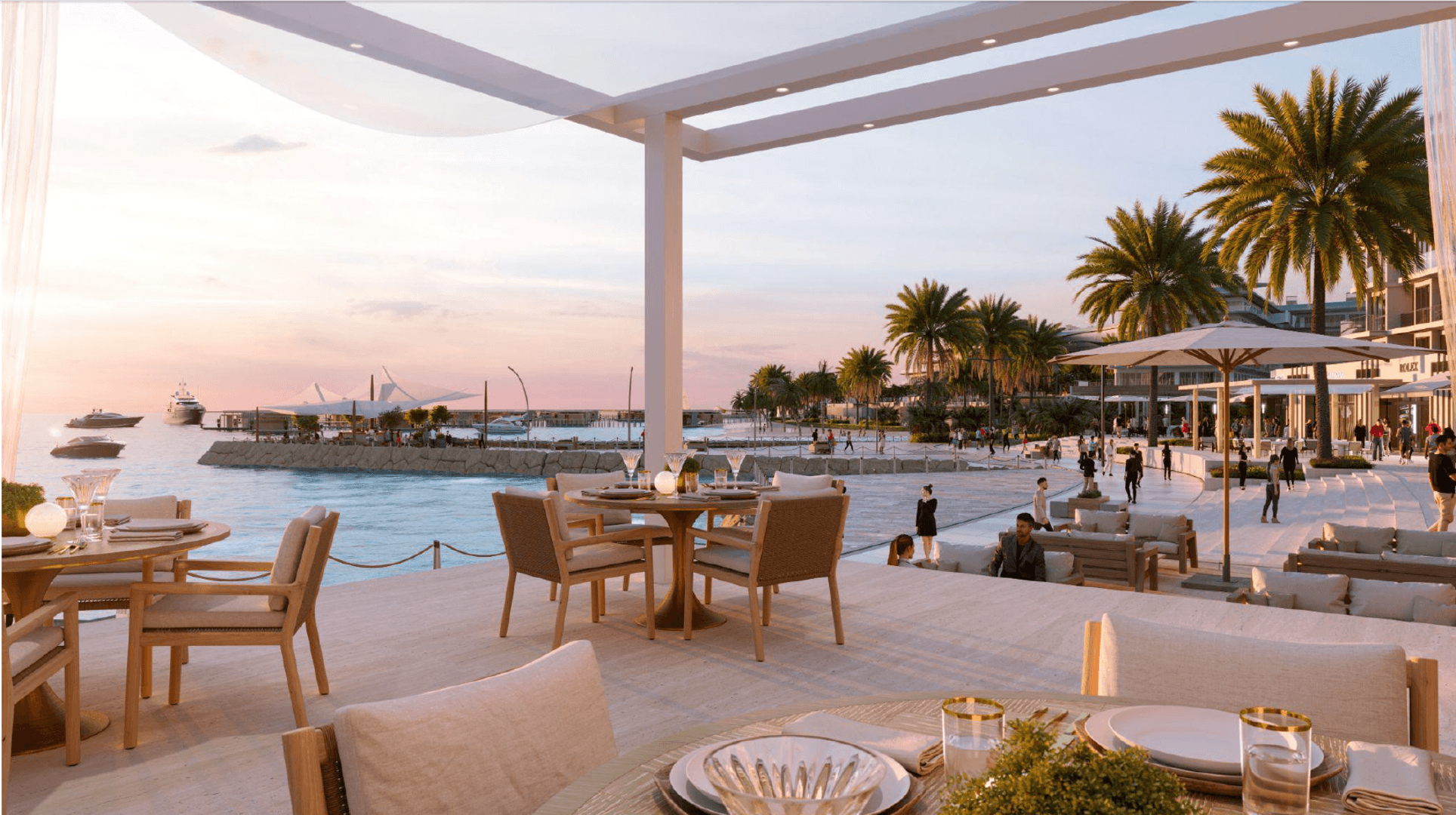 Outdoor dining with sea view Ramhan Island Abu Dhabi luxury waterfront living