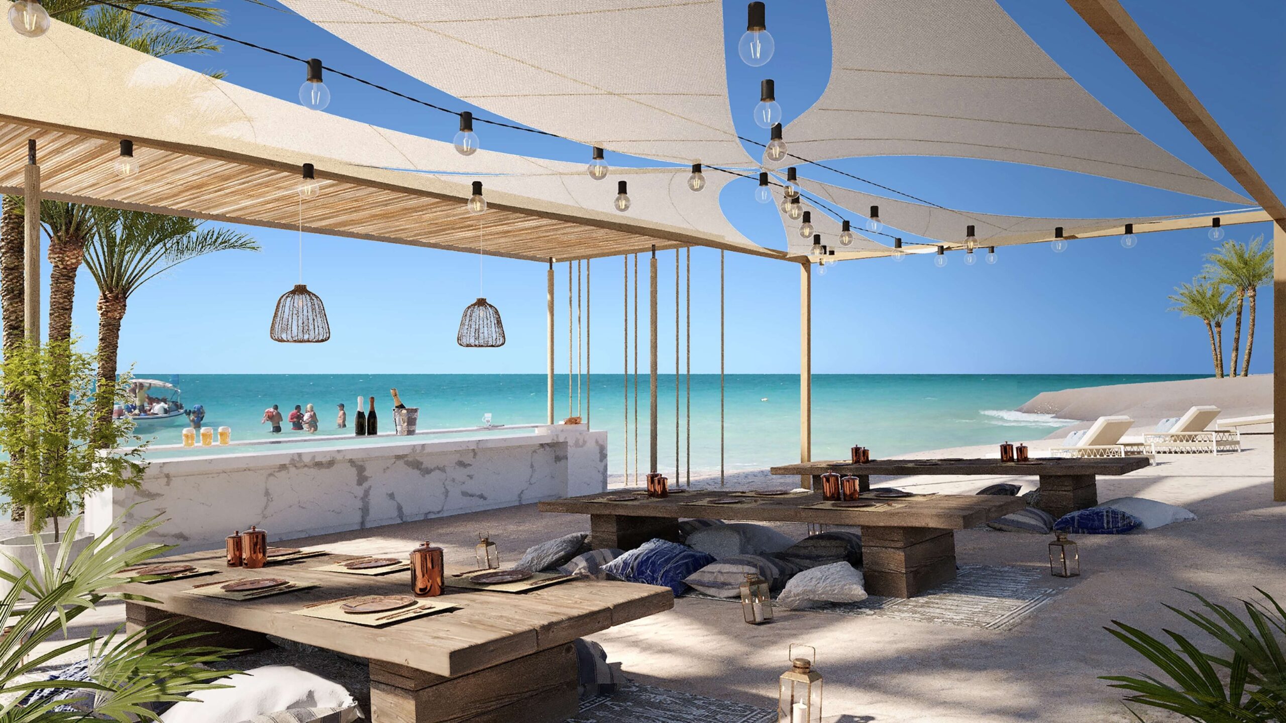 Private beach lounge Ramhan Island Abu Dhabi luxury waterfront villas lifestyle