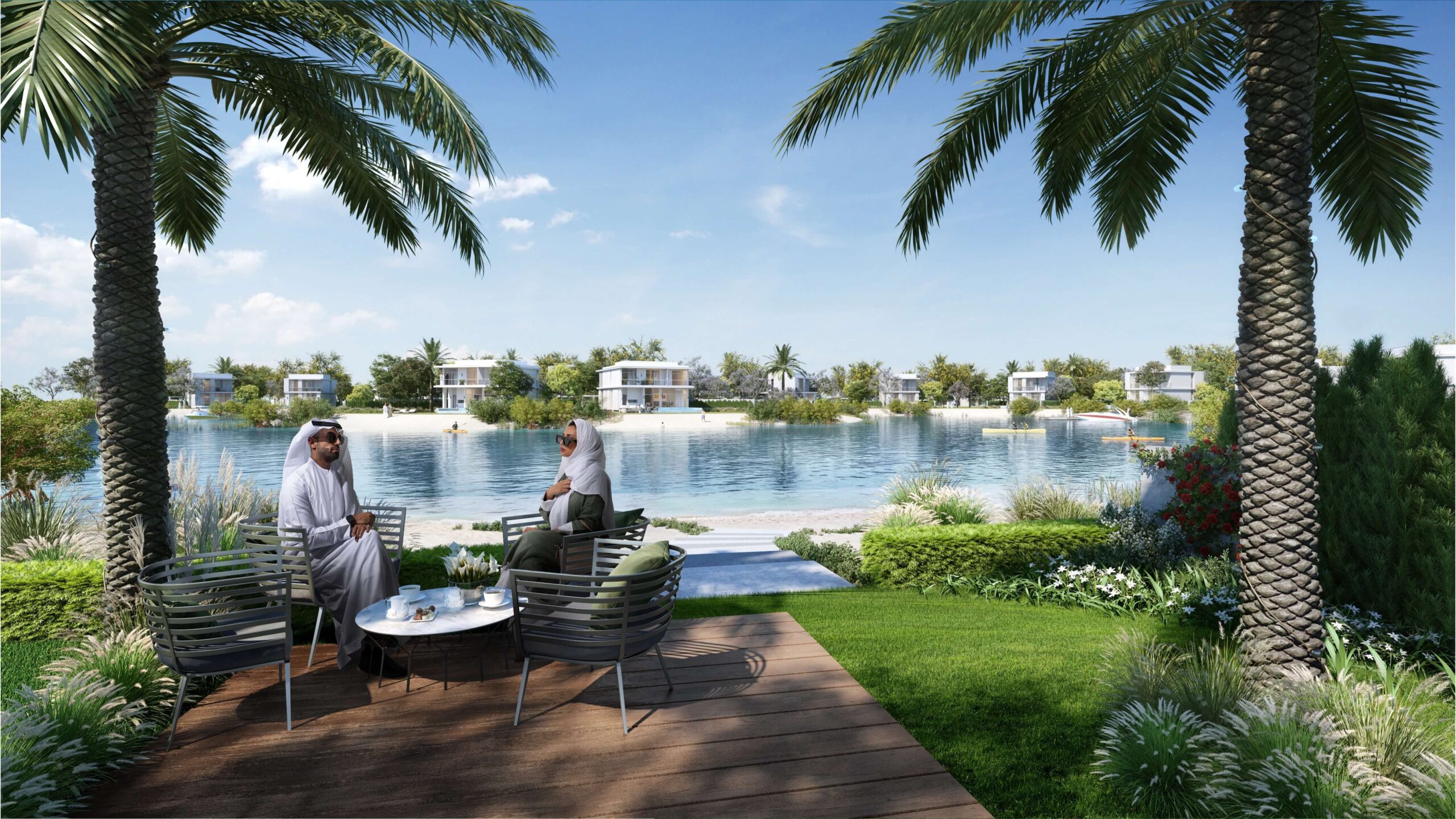 Private waterfront garden view Ramhan Island Abu Dhabi luxury homes