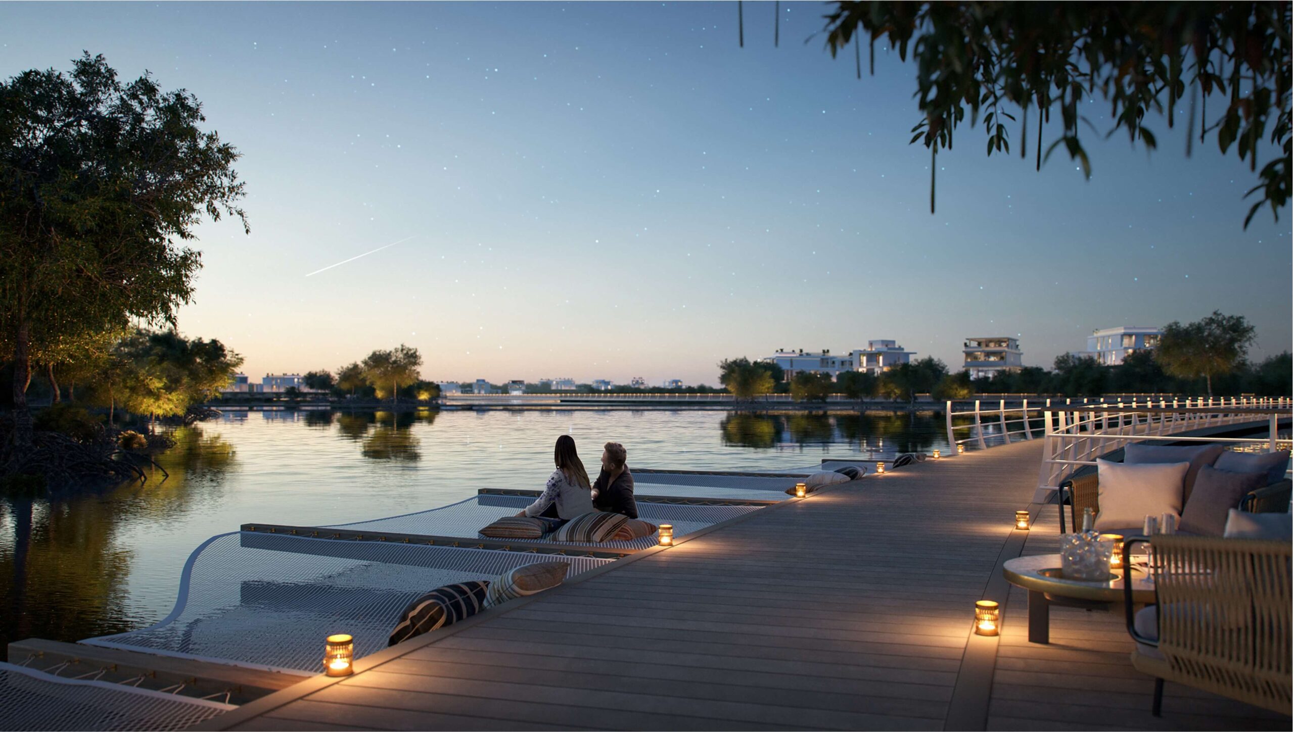 Sunset waterfront seating Ramhan Island Abu Dhabi luxury villas