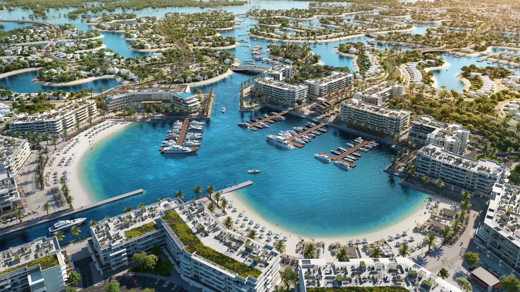 Ramhan Island Abu Dhabi marina waterfront villas aerial view luxury island living